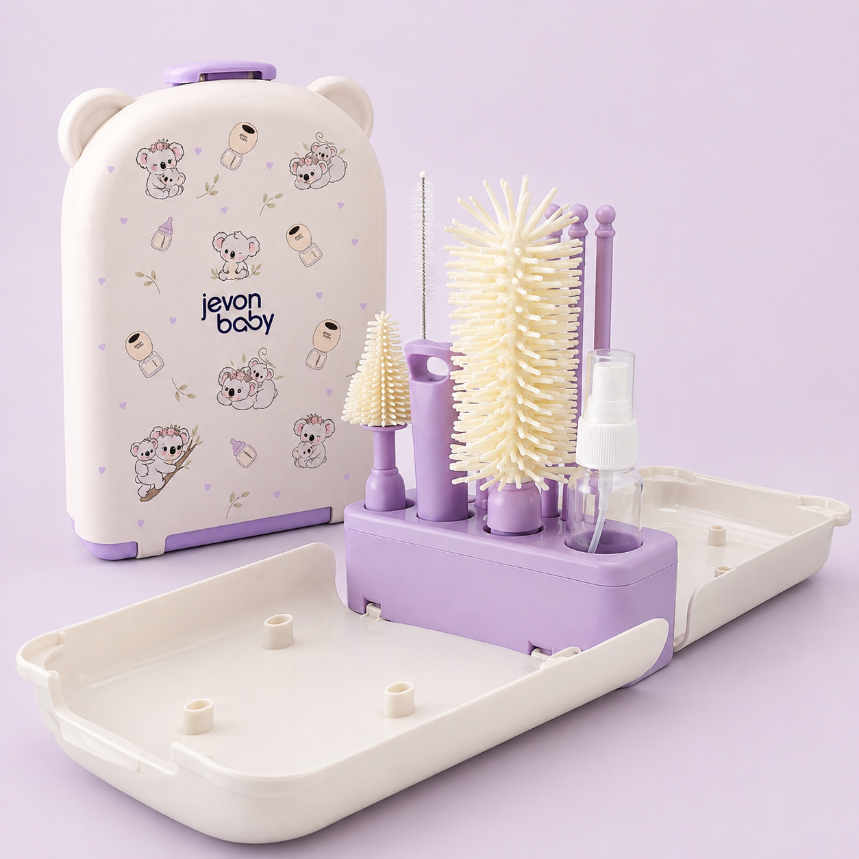 A baby bottle cleaning and storage set by Jevon Baby, an organizer with a matching hard case decorated with cute cartoon koala illustrations. The set includes a bottle brush, a nipple brush, a straw brush , a soap dispenser, a draining base and 6 drying rods. 