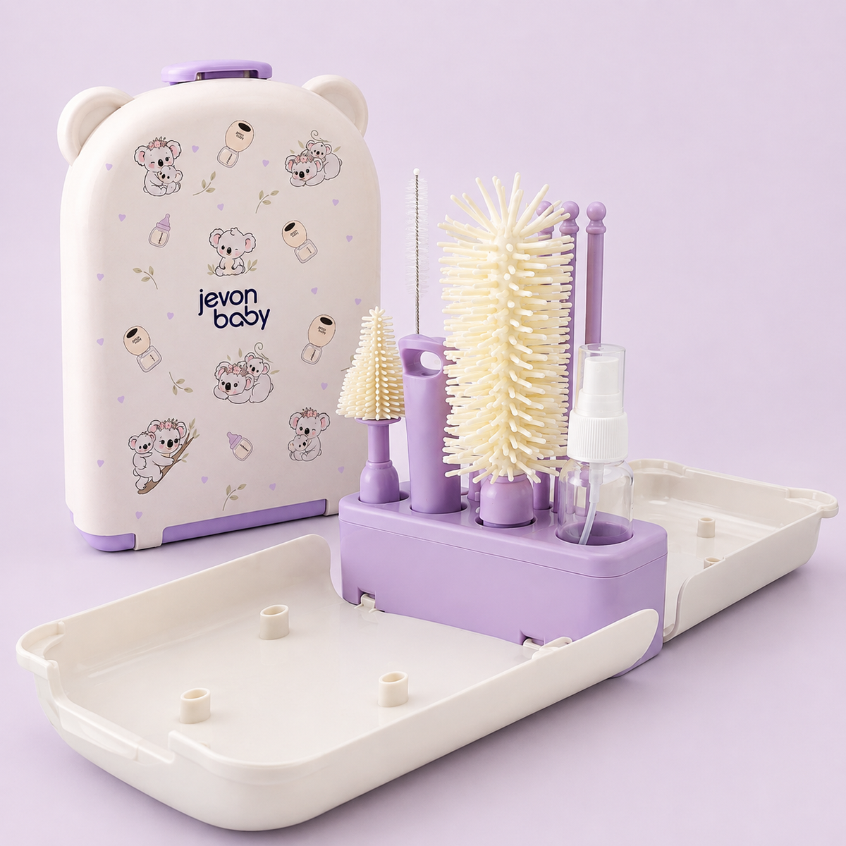 A baby bottle cleaning and storage set by Jevon Baby, an organizer with a matching hard case decorated with cute cartoon koala illustrations. The set includes a bottle brush, a nipple brush, a straw brush , a soap dispenser, a draining base and 6 drying rods. 
