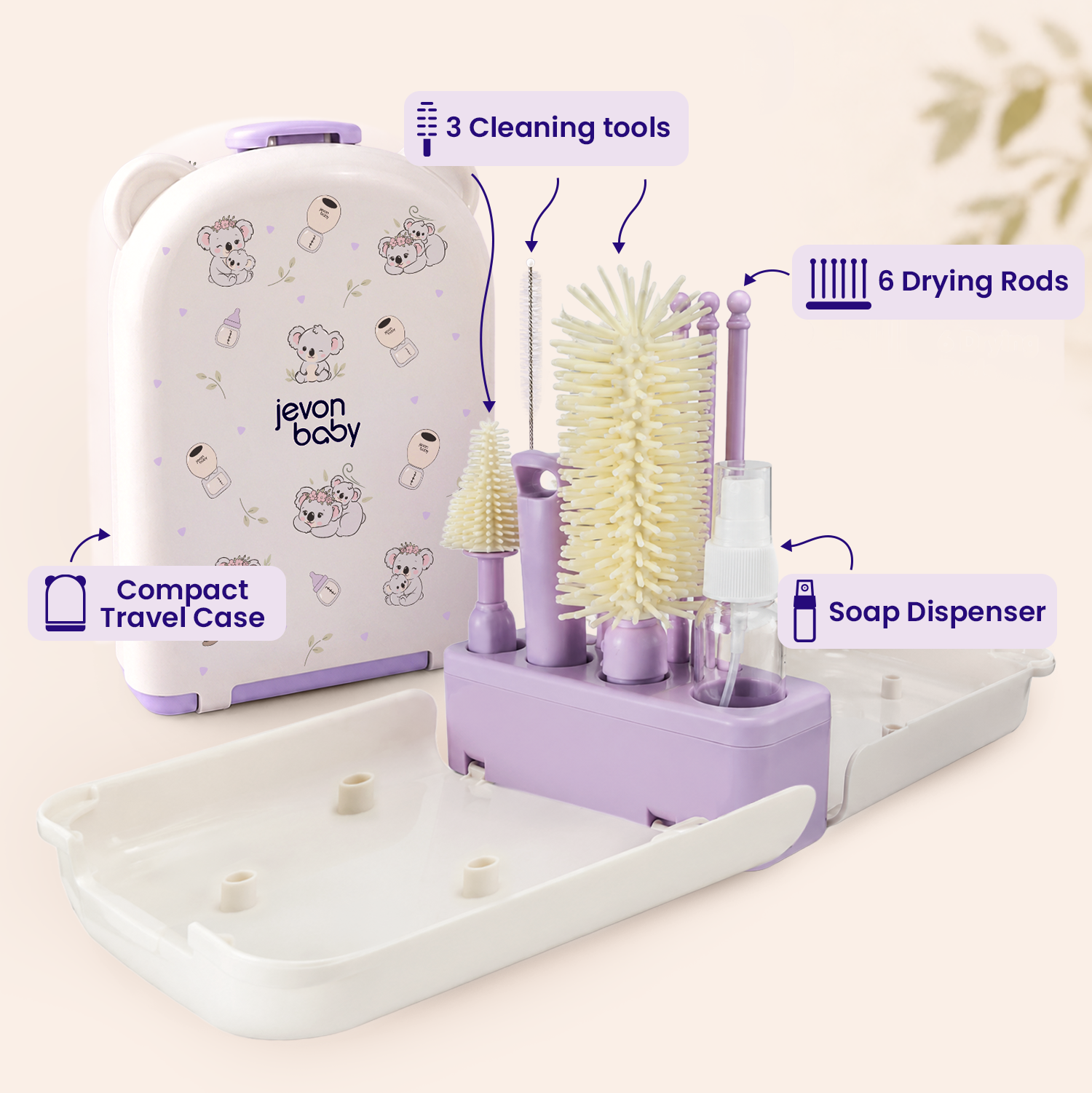 Jevon Baby all-in-one baby bottle cleaning kit, featuring a compact travel case, 3 cleaning brush, six drying rods, and a soap dispenser. 